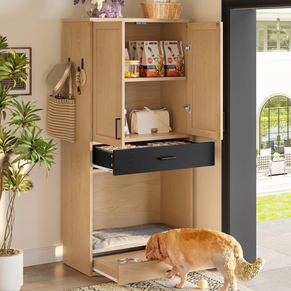 Sideboard – Multifunctionele Kast – Dressoir – Voederstation – Hondenkast – Eikenlook – Hoogte 160 cm – Inclusief Voederstation En Comfortabele Hondenmand