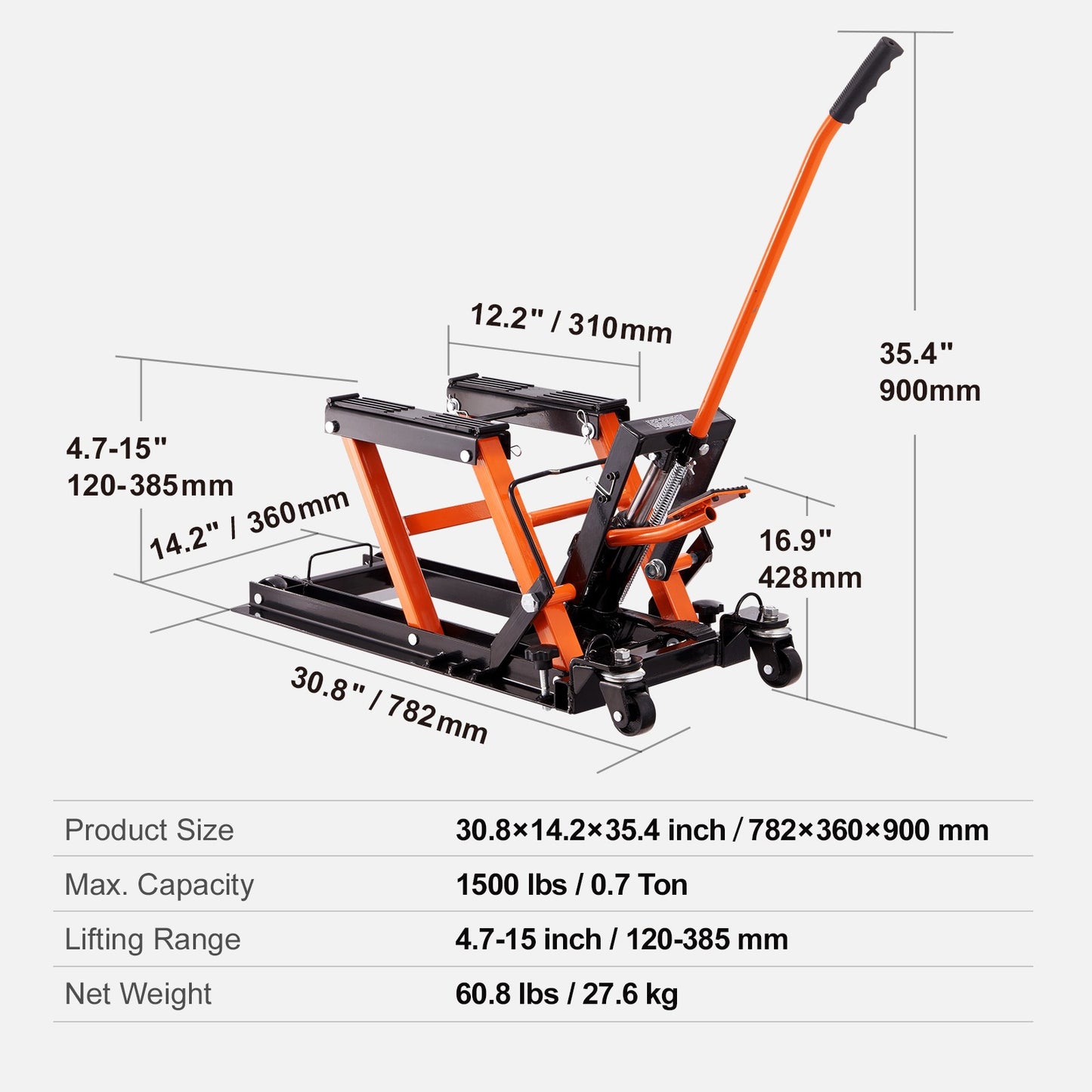 Motorhefbrug – Motorheftafel – Motorkrik – Motorlift – Hydraulische Motorkrik – Draagvermogen 700 kg – Verstelbare Hefhoogte 12-38 cm