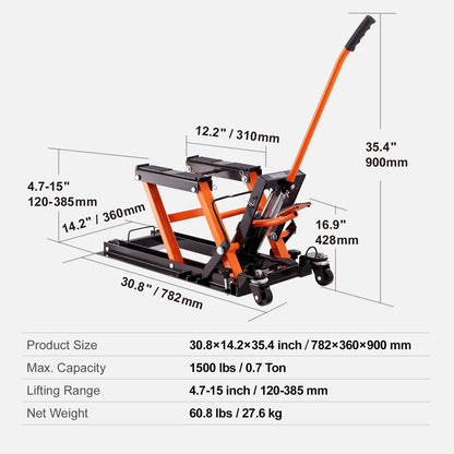 Motorhefbrug – Motorheftafel – Motorkrik – Motorlift – Hydraulische Motorkrik – Draagvermogen 700 kg – Verstelbare Hefhoogte 12-38 cm
