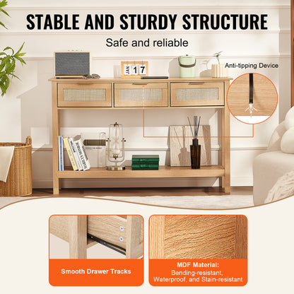 Rieten Sidetable – Rieten Tafel – Opbergtafel – Bijzettafel – Wandtafel – Natuurlijk Riet – 3 Lades – Eenvoudige Montage