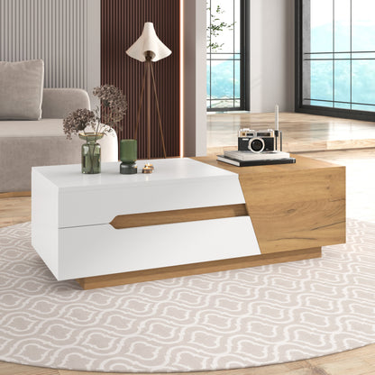 Salontafel – Koffietafel – Woonkamertafel – Bijzettafel – Uitschuifbare Tafel – MDF Houtlook Wit – Met Opberglades – 120x50x37,5 cm