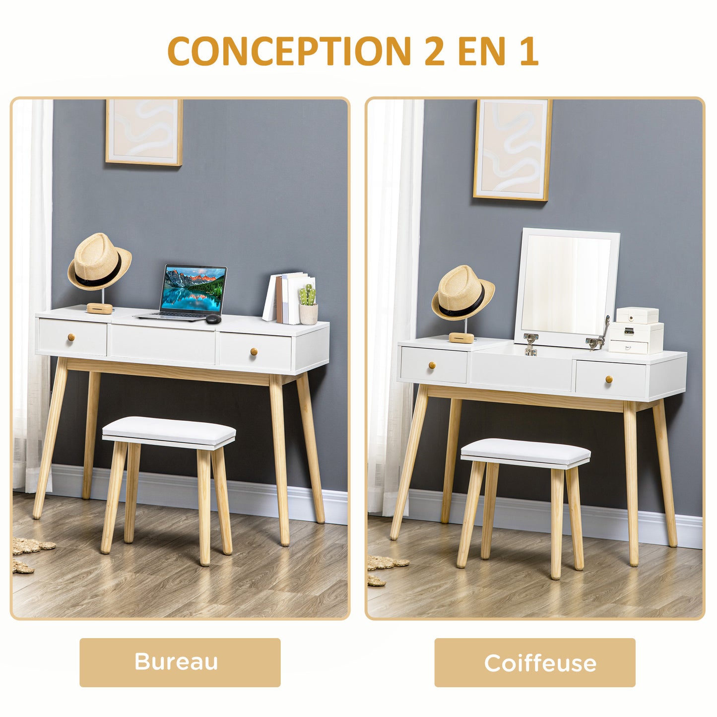 Kaptafel – Make-up Tafel – Vanity Desk – Dresser – Schminktisch – Met Opbergvakken – Opklapbare Spiegel – Inclusief Kruk – Wit – 100x45x118 cm