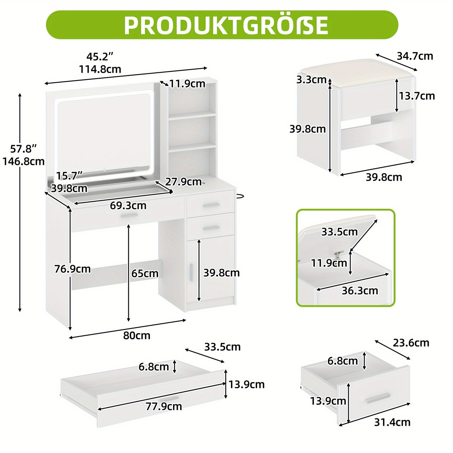 Kaptafel – Make-up Tafel – Cosmeticatafel – Opmaktafel – Meubel – LED Spiegel – 4 Lades – Ingebouwd Stopcontact – Wit – Moderne Stijl