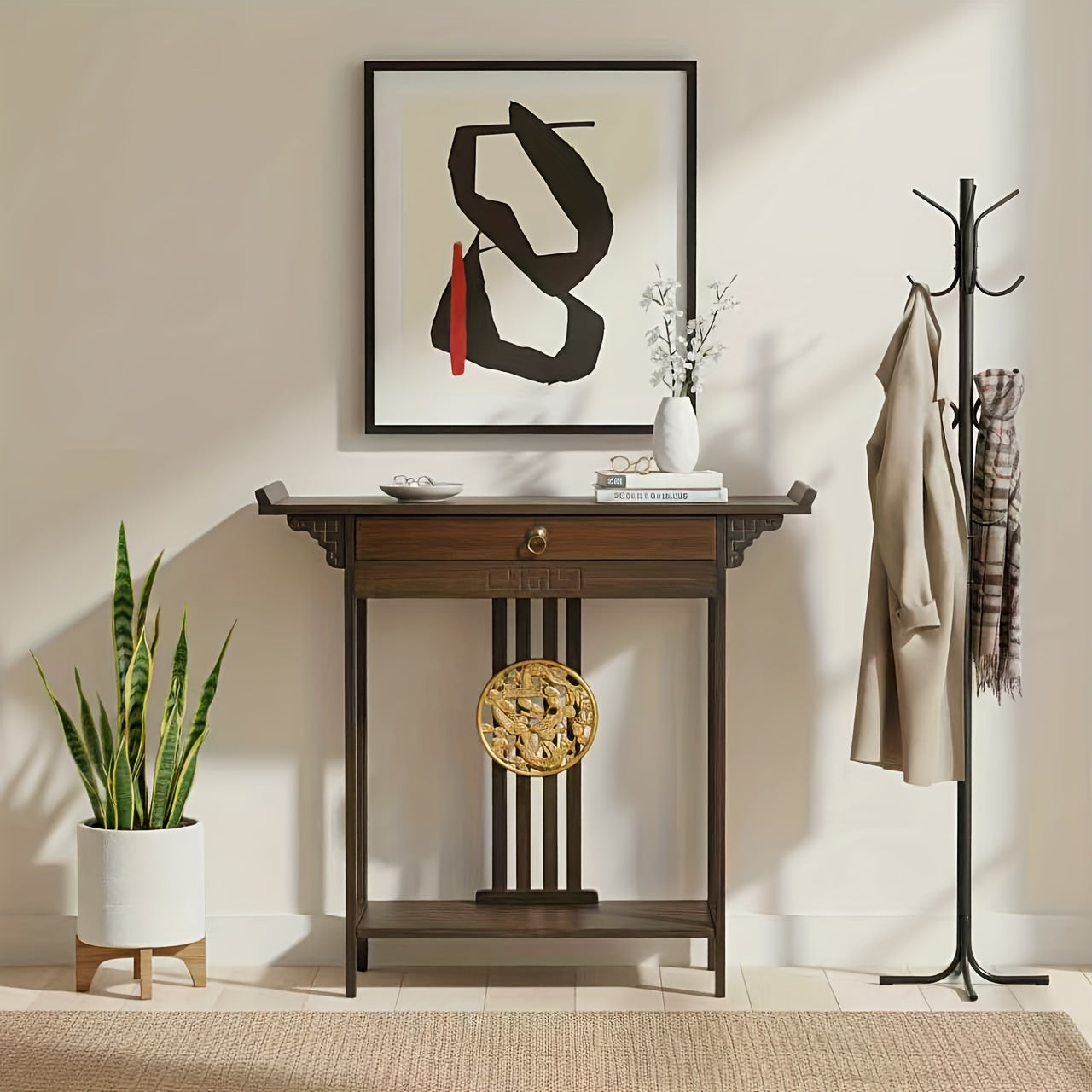 Retro Farmhouse Sidetable – Houten Dressoir – Halmeubel – Sofa Tafel – Nachtkastje – Donkerbruin – Massief Hout – Lade en Plank – 119,89x39,88x76,96 cm – Gouden Knoppen – Eenvoudige Montage