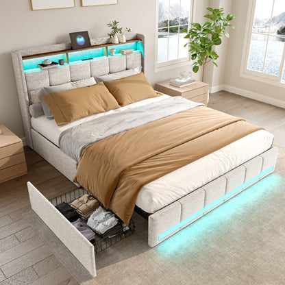 Double Bed with Storage, LED Lighting, 4 Drawers, Storage Function, USB Charging, Quick Assembly, Metal And Linen Bed Frame, Classic, for Adults, Ideal for 8Mj4Txd Bedroom.