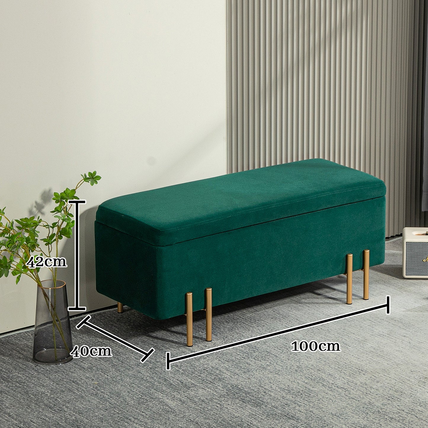 Opbergbank – Zithoekbank – Opbergbank – Kistbank – Gestoffeerde Bank – Groen – Rubberen Hout Frame – Met Foam Vulling – 100x40x42 cm – Met Metaalpoten