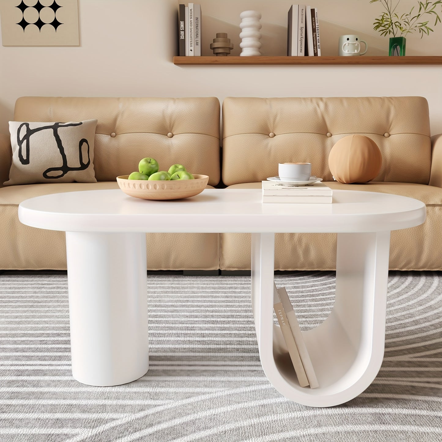 Contemporary White Oval Coffee Table Featuring a Minimalist Design, Sturdy U-Shaped Legs, Low-Maintenance Surface, Perfect for The Living Room, Ample Storage Capacity, Measurements: 98.5 X 53.5 X 42 Cm.