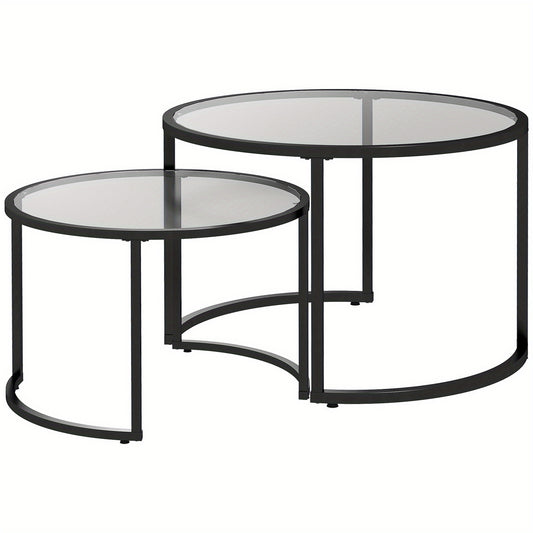 Bijzettafel Set – Salontafel – Side Table – Cocktailtafel – Tafeltje – Zwart Stalen Frame – Gehard Glasblad – Deels Stapelbaar – Voor Woonkamer & Lounge
