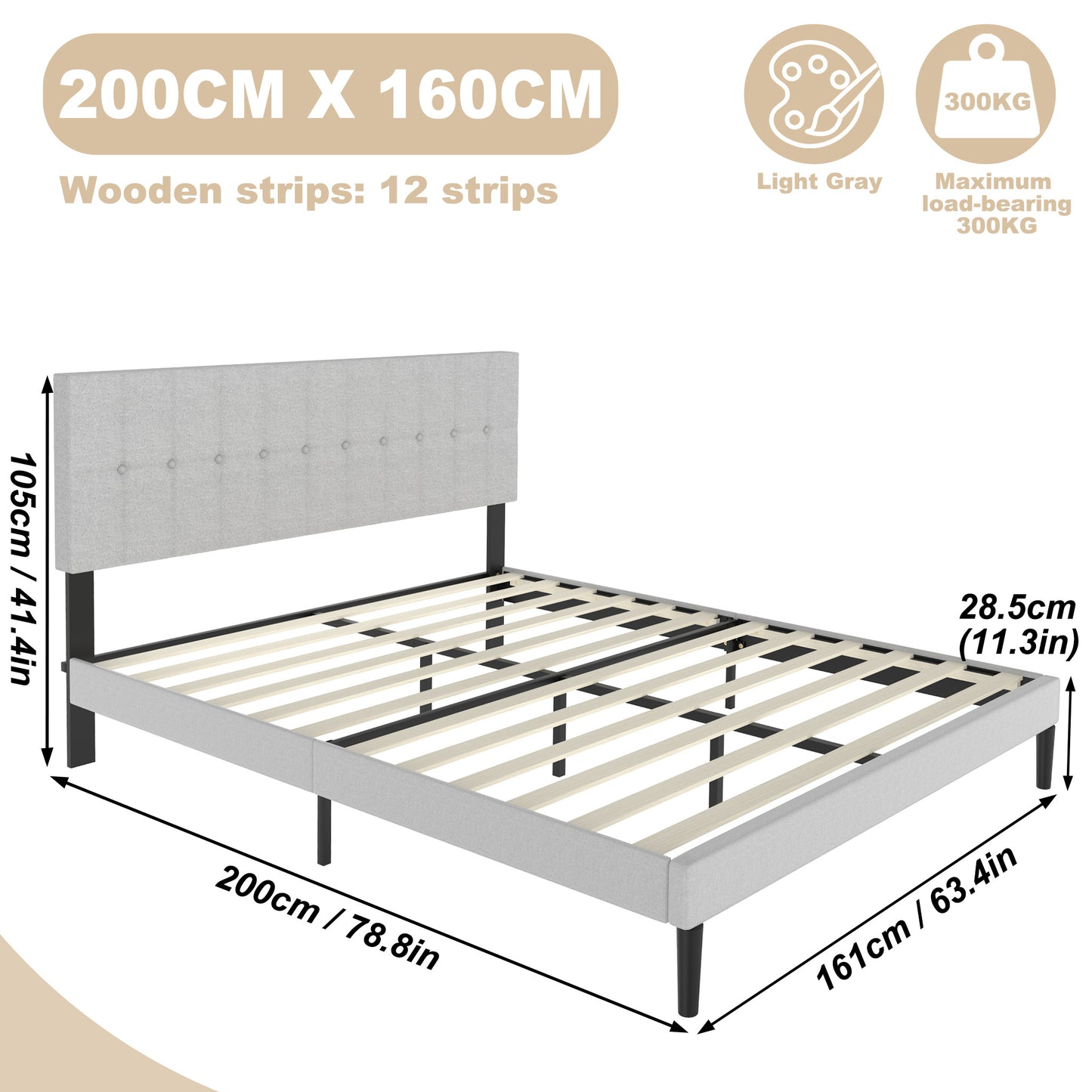 Linen Upholstered Bed Frame with Headboard and Slatted Metal Platform - Ideal Mattress Foundation in Dark Grey/Light Grey, Bedroom Furniture, Minimalist Bedroom, Classic Design, Easy Assembly, Modern Homeowners