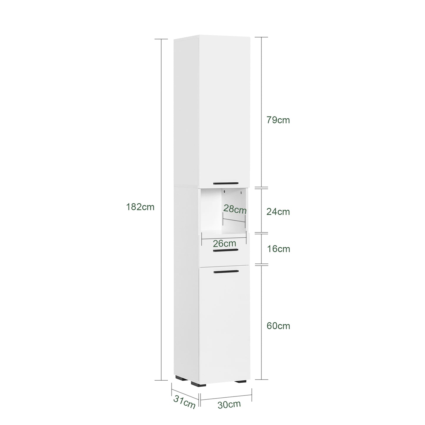 Badkamerkast – Badkamermeubel – Kolomkast – Opbergkast – Wastafelonderkast – Smal design – 2 Deuren en 6 Verstelbare Planken – Wit 30x182x31 cm