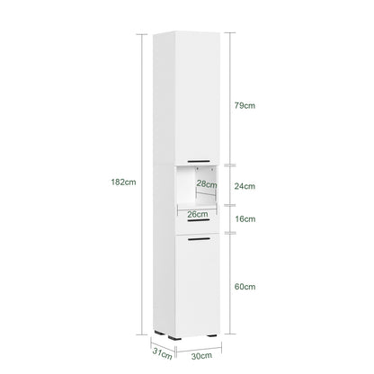 Badkamerkast – Badkamermeubel – Kolomkast – Opbergkast – Wastafelonderkast – Smal design – 2 Deuren en 6 Verstelbare Planken – Wit 30x182x31 cm