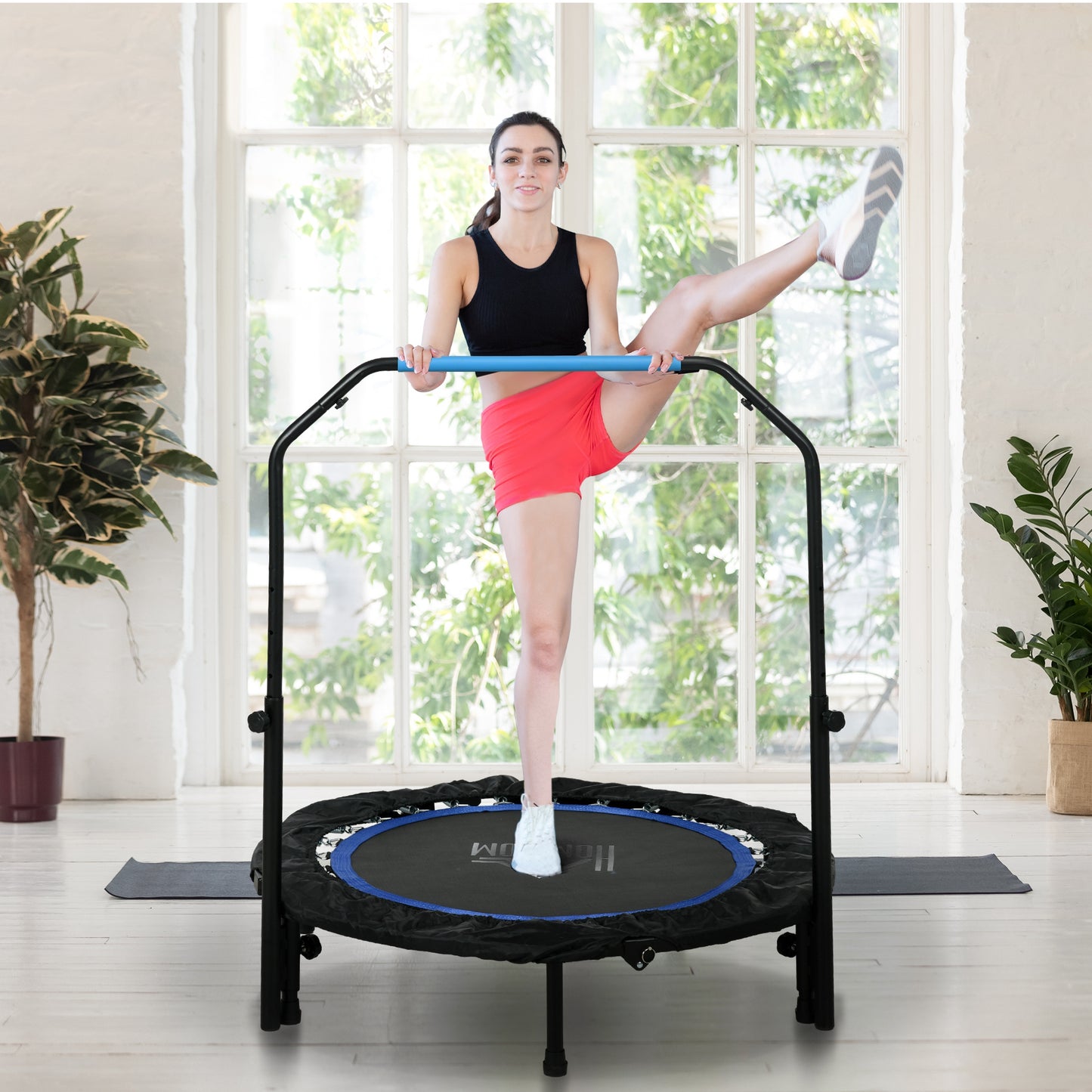 Fitness Trampoline – Gymnastiek Trampoline – Springmat – Opvouwbare Trampoline – Mini Trampoline – Verstelbare Handgreep 99-123 cm – 6 Antislip Poten – Ø102 cm – Zwart