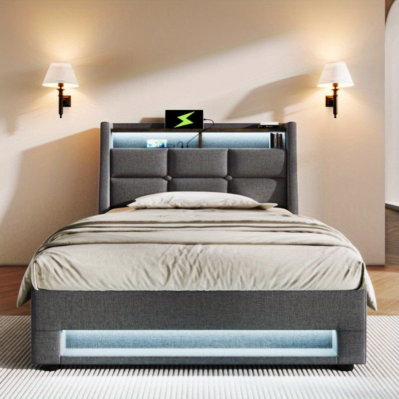Single Bed with Metal Frame and Linen Fabric, 90x200cm, Includes Mattress