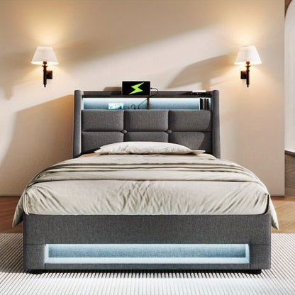 Single Bed with Metal Frame and Linen Fabric, 90x200cm, Includes Mattress