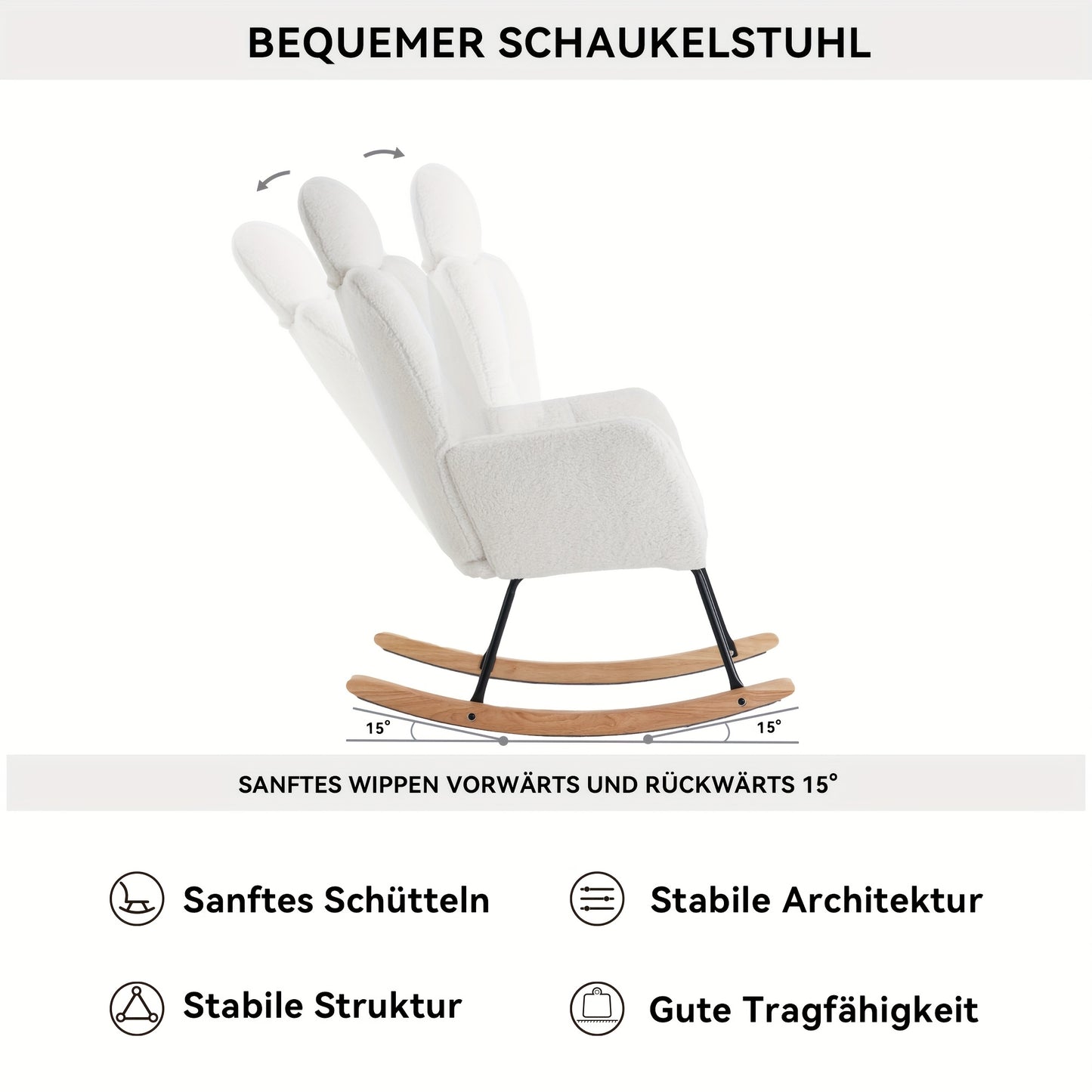 Draaifauteuil – Fauteuil – Relaxstoel – Schommelstoel – Lounge Chair – Wit – Zachte Teddy Bekleding – Massief Houten Frame