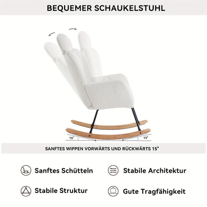 Draaifauteuil – Fauteuil – Relaxstoel – Schommelstoel – Lounge Chair – Wit – Zachte Teddy Bekleding – Massief Houten Frame
