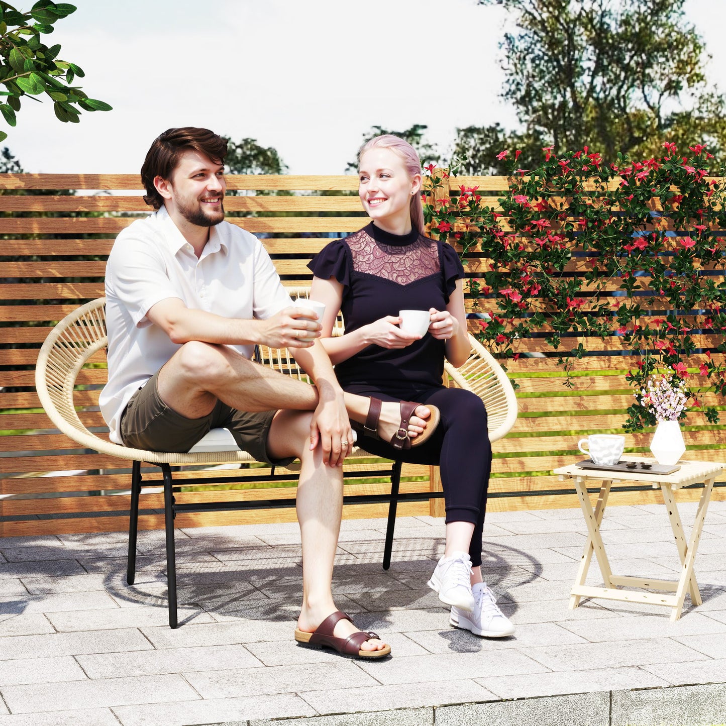 Tuinbank – Buitenbank – Parkbank – Balkonbank – Zwart – 2-zits – Weerbestendig Staal – PE-Rattan Design