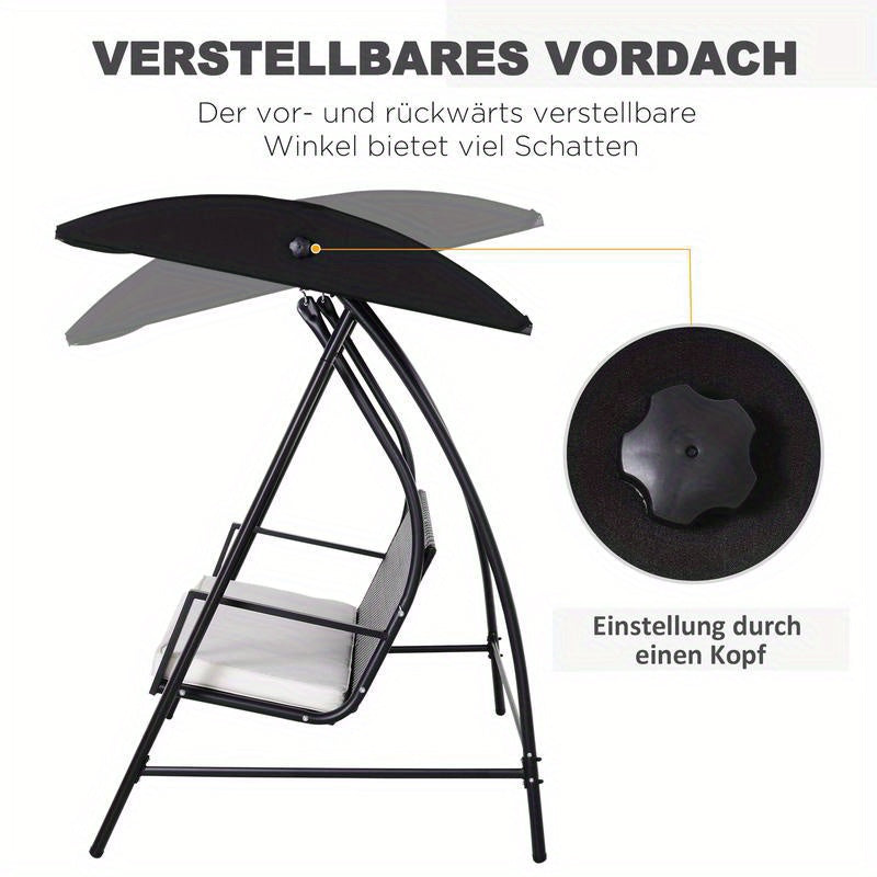 Heavy Duty Metal Porch Swing Chair with Adjustable Sun Shelter & Cushioned Seat - 360kg Capacity, 198x124x179cm Large Outdoor Swing Bed for Patio, Yard, Garden