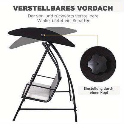 Heavy Duty Metal Porch Swing Chair with Adjustable Sun Shelter & Cushioned Seat - 360kg Capacity, 198x124x179cm Large Outdoor Swing Bed for Patio, Yard, Garden
