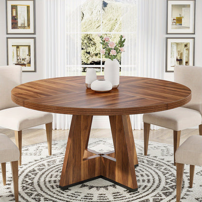 Vergadertafel – Bureautafel – Eettafel – Werktafel – Meetingtafel – Ronde Houten Tafel 120 cm – Hout Visgraatpatroon – Stevige Driehoekige Voet