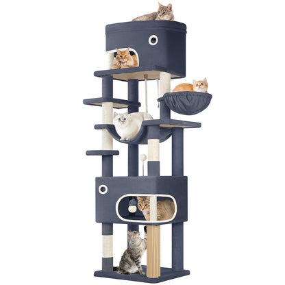 Krabpaal – Kattenboom – Kattenkrabpaal – Krabmeubel – Kattenhuis – 203 cm Hoog – 7 Lagen Met Sisal & 2 Ruime Holtes – Donkergrijs