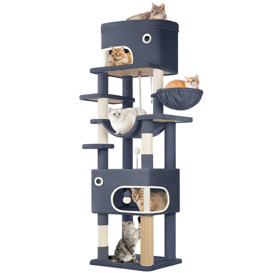 Krabpaal – Kattenboom – Kattenkrabpaal – Krabmeubel – Kattenhuis – 203 cm Hoog – 7 Lagen Met Sisal & 2 Ruime Holtes – Donkergrijs