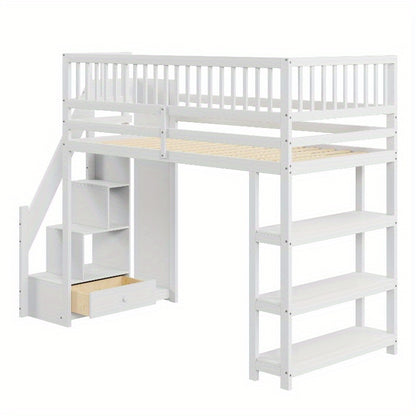 Hoogslaper – Eenpersoonsbed – Stapelbed – Kinderbed – Opbergbed – 90 x 200 cm – Geïntegreerde Kledingkast – Veiligheidsladder