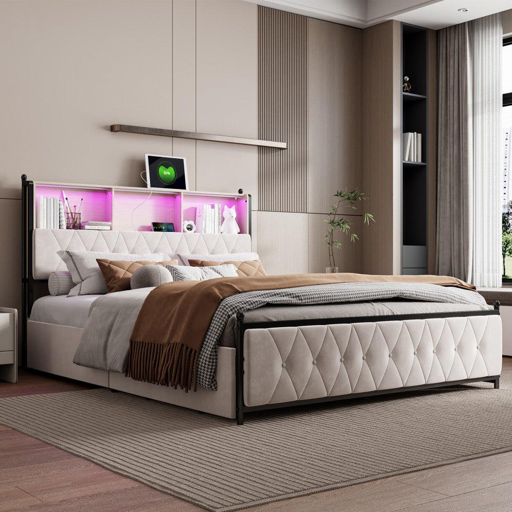 Tweepersoonsbed – Opbergbed – Bed met Lade – LED Hoofdbord – 180x200 cm – Fluweel Bekleed – USB Oplaadpoort – Luxe Beige