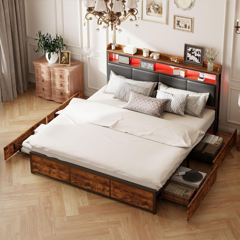 Tweepersoons Opbergbed – Bed Met Laden – Slaapbank – Opbergbed – Led Bed – 140x200 cm – PU Leer Hoofdbord – USB Oplaadpoorten