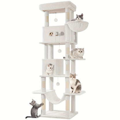 Kattenboom – Krabpaal – Klimpaal – Kattenhuis – Krabmeubel – 210 cm Hoog – 8 Sisal Krabpalen – Lichtgrijs – Met Hangmat en Wasbaar Platform