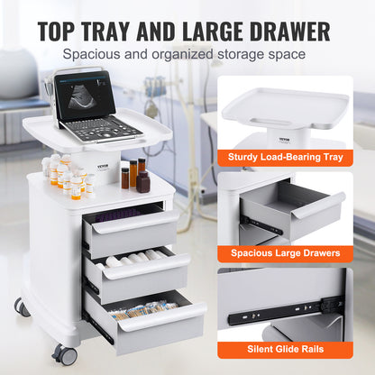 Medische Kar – Laboratoriumkar – Trolley – Medische Trolley – Opbergkar – 4 Laden & Bovenbak – Duurzaam ABS Materiaal – 4 Stilte Wielen