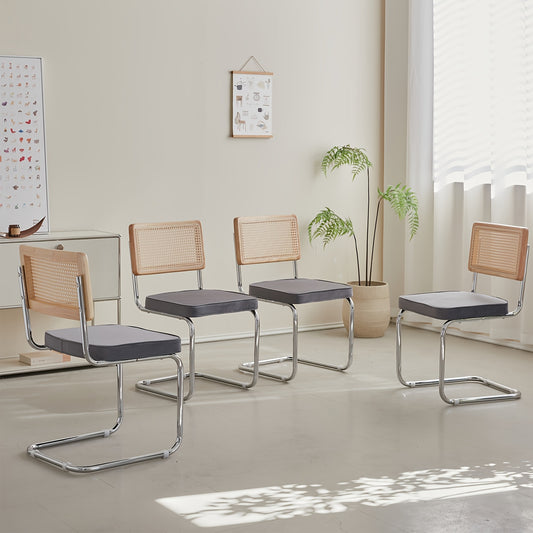 Eetkamerstoelen – Stoelen – Design Stoelen – Keukenstoelen – Set van 4 – Grijze Velvet Bekleding – Handgeweven Rieten Rugleuning – Massief Houten Frame – Comfortabele Zitting – Onderhoudsvriendelijk