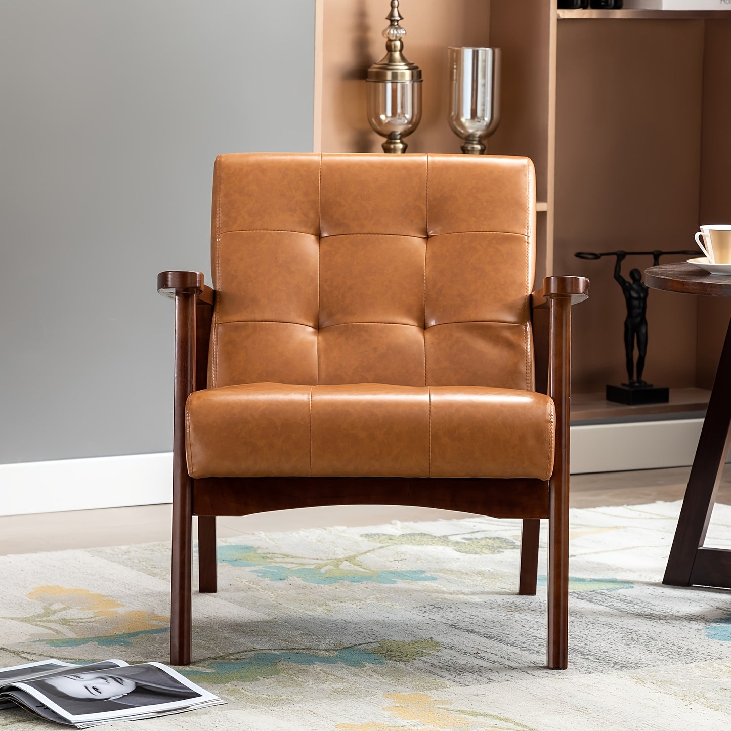 Fauteuil – Stoel – Armstoel – Zetel – Mid-Century Chair – Rustkleur – Beukenhouten Frame – Kunstleren Bekleding – Comfortabele Schuimvulling – Houten Armleuningen