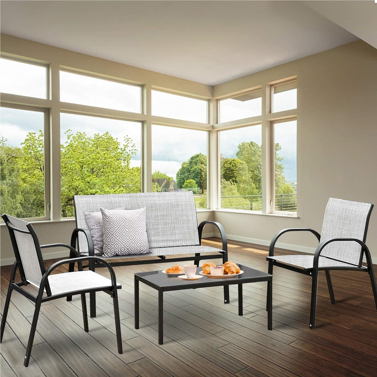 Tuinset 4-delig – Loungeset – Balkonmeubilair – Terrasmeubels – Buitenmeubels – Gepoedercoat IJzer – Gehard Glas Tafelblad