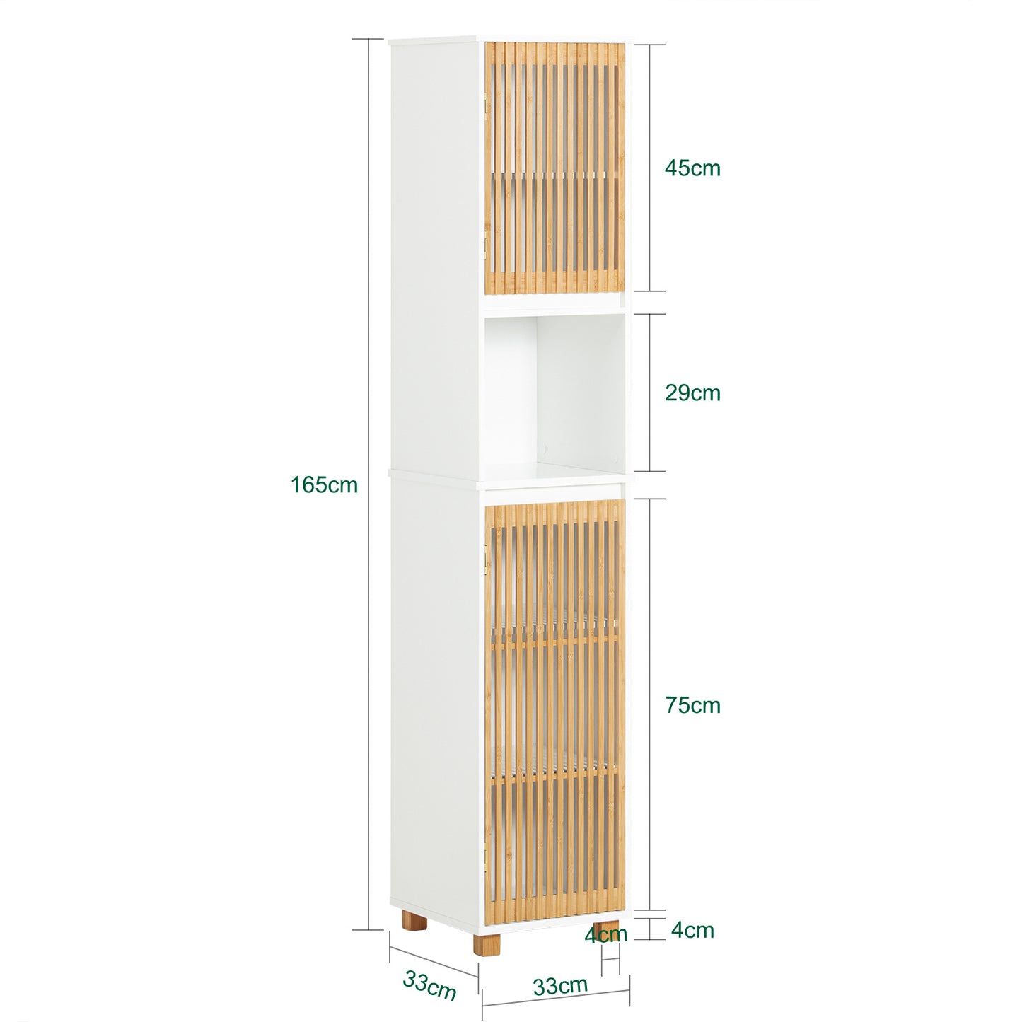 Hoge Badkamerkast – Smalle Opbergkast – Badkamermeubel – Kolomkast – Toiletkast – Vochtbestendig MDF & Bamboe – Anti-Omvalbeveiliging 33x33x165 cm