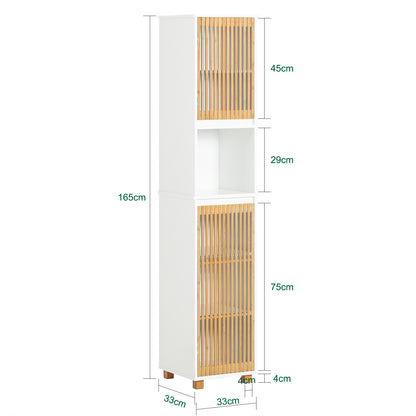 Hoge Badkamerkast – Smalle Opbergkast – Badkamermeubel – Kolomkast – Toiletkast – Vochtbestendig MDF & Bamboe – Anti-Omvalbeveiliging 33x33x165 cm