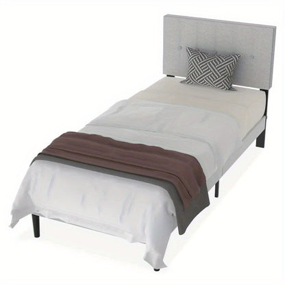 Metalen Bedframe – Stalen Bed – Slaapkamer Bed – Logeerbed – Jongensbed – 140x200 cm – Stoffen Hoofdeinde Linnen Lichtgrijs – Stevige Lattenbodem