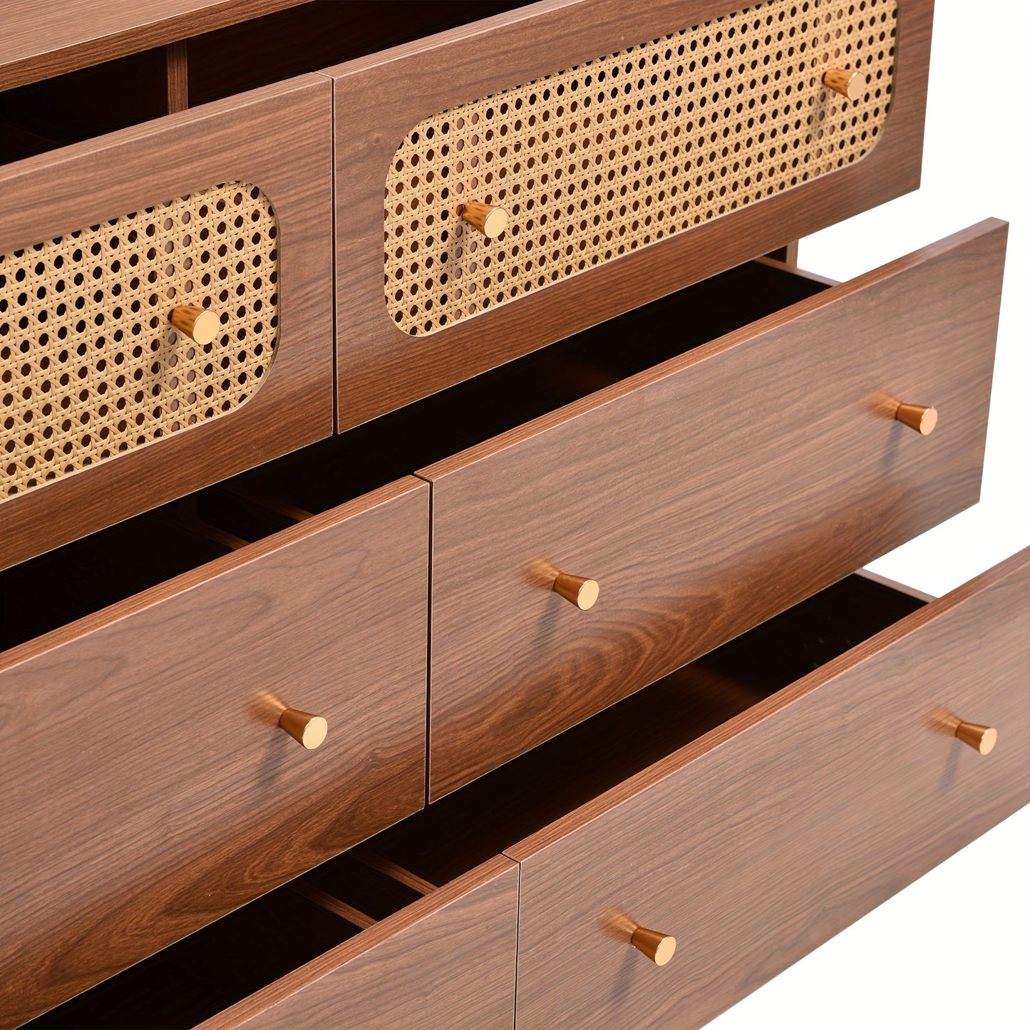Six-drawer Chest Of Drawers Storage Cabinet with Six Drawers, Rattan Highboard for Bedroom And All Living Spaces, In Walnut, H90/W120/D40cm,  Multidrawer Cabinet, Modern Chest Of Drawers, Minimalist Furniture, Durable Storage