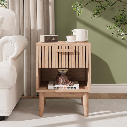 Nachtkastje – Nachtkastjes – Bijzettafel – Nachtkast – Bedside Table – Set Van 2 – Houtkleur – Met Lade En Open Plank – Compact 40x35x55 cm – Stevig Met Houten Poten