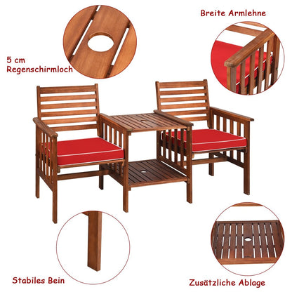 Tuinbank – Buitenbank – Houten Bank – Zitbank – Balkonbank – Acaciahouten Tuinbank Met Tafel – Kussen Inclusief – Parasolgat – 165x65x88 cm – Draagvermogen 350 kg