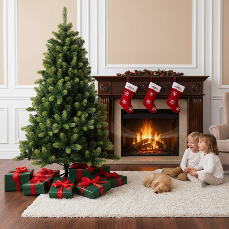 Kerstboom – Kunstkerstboom – Kunstboom – Versierde Boom – Flocked Boom – 210 cm Hoogte – Realistische PE Tips – Met Ingebouwde Verlichting