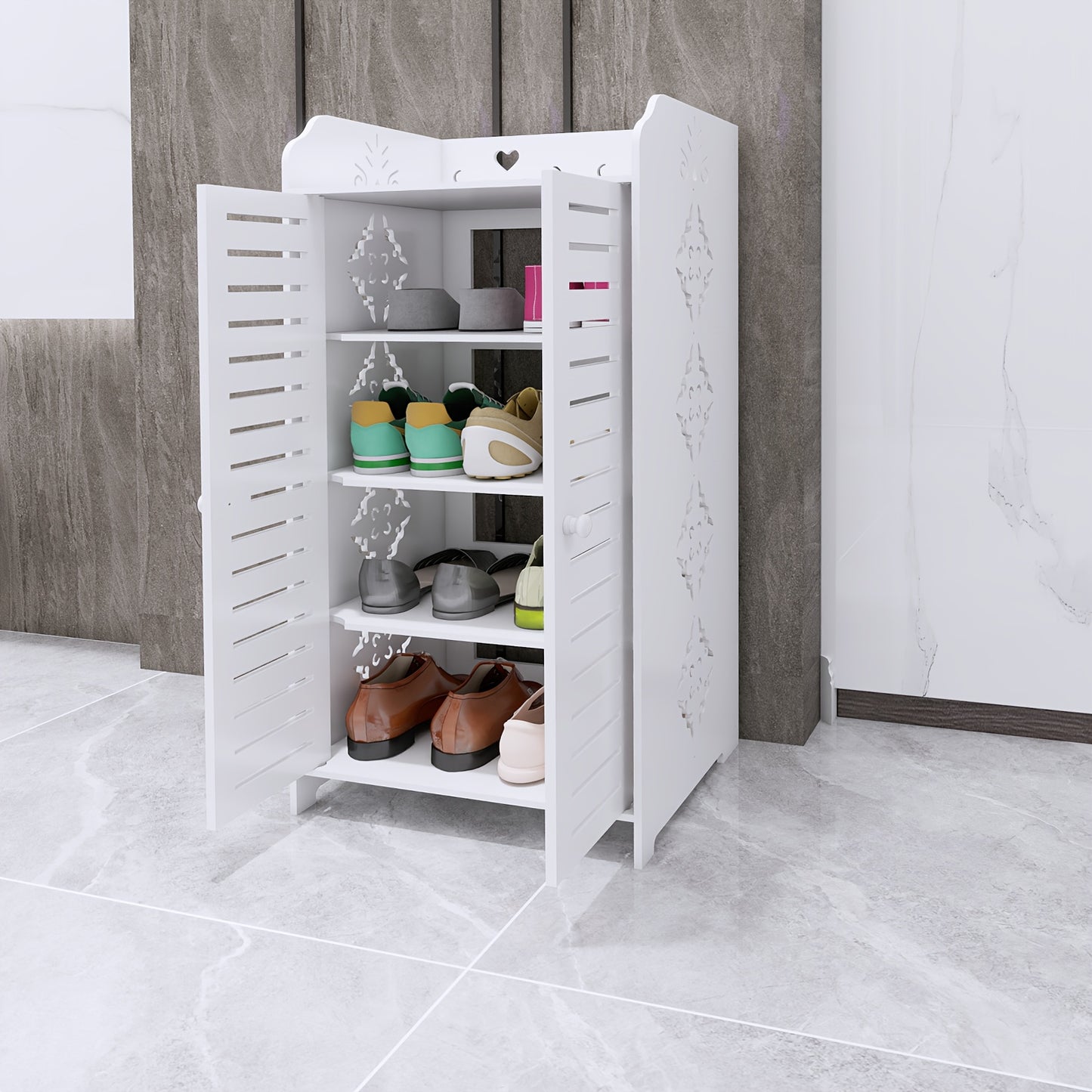Schoenenkast met Dubbele Deuren – 4 Lagen Ruimtebesparend Schoenenrek – Geschikt voor Woonkamer, Hal, Slaapkamer of Appartement – 90 x 40 x 35 cm – Wit