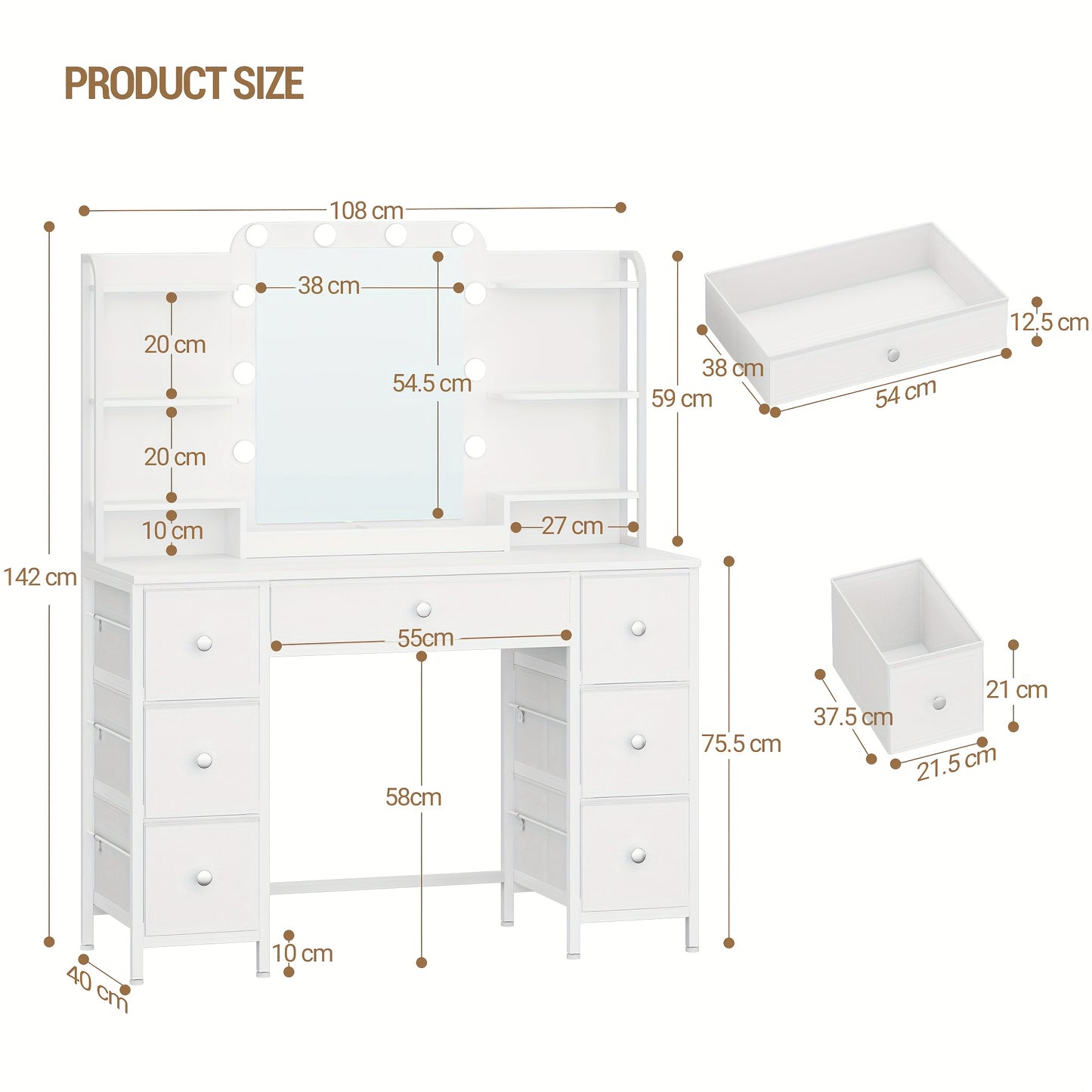 Make-up Tafel – Sieradentafel – Dressing Table – Make-up Kast – Opbergmeubel – Grote HD Spiegel – Verstelbare LED Verlichting – Wit