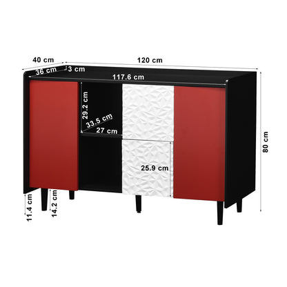 Modern Black & Red Metal Sideboard Cabinet with 2-Drawer Panel Design & Open Shelves - Coffee Bar Storage, Non-Wood Kitchen/ Furniture, Easy Assembly Required (Contemporary for Decor)