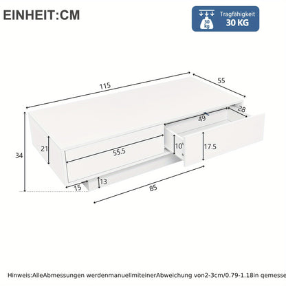 Salontafel – Koffietafel – Tafeltje – Bijzettafel – Witte Salontafel – 115x55x34 cm – 2 Opberglades, 30 kg Draagvermogen