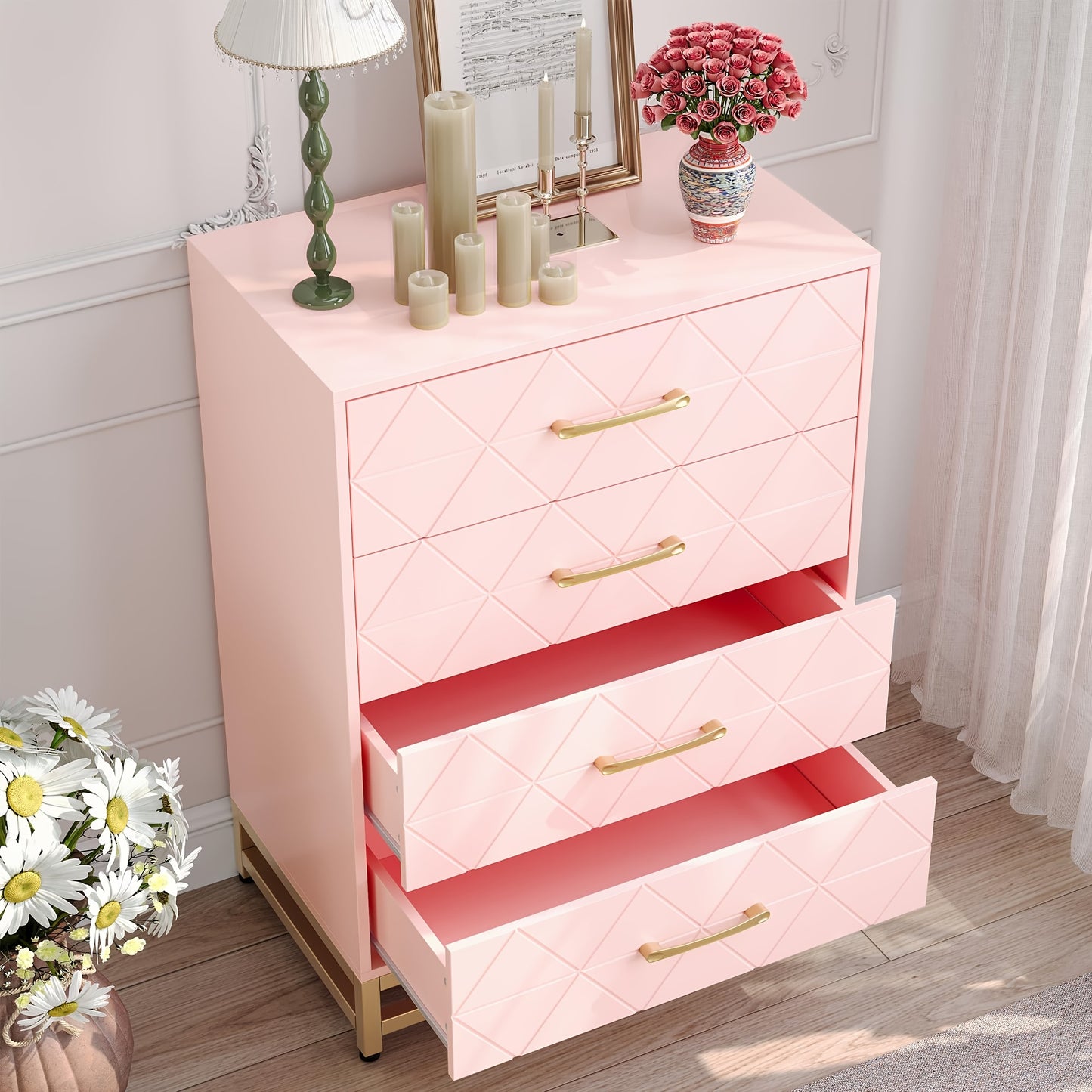 Ladekast – Dresser – Kast – Opbergkast – Ladekastje – Roze met Gouden Accenten – 3,2+ Kubieke Voet Opbergruimte – 68,5 cm Hoog – 2 Laden en 2 Planken – Stevig en Duurzaam – Eenvoudig Zelf Te Monteren