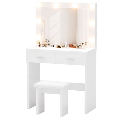 Kaptafel – Make-up Tafel – Opmaaktafel – Dresser – Cosmeticatafel – Wit – LED-Verlichting Verstelbaar – 2 Laden Opbergruimte
