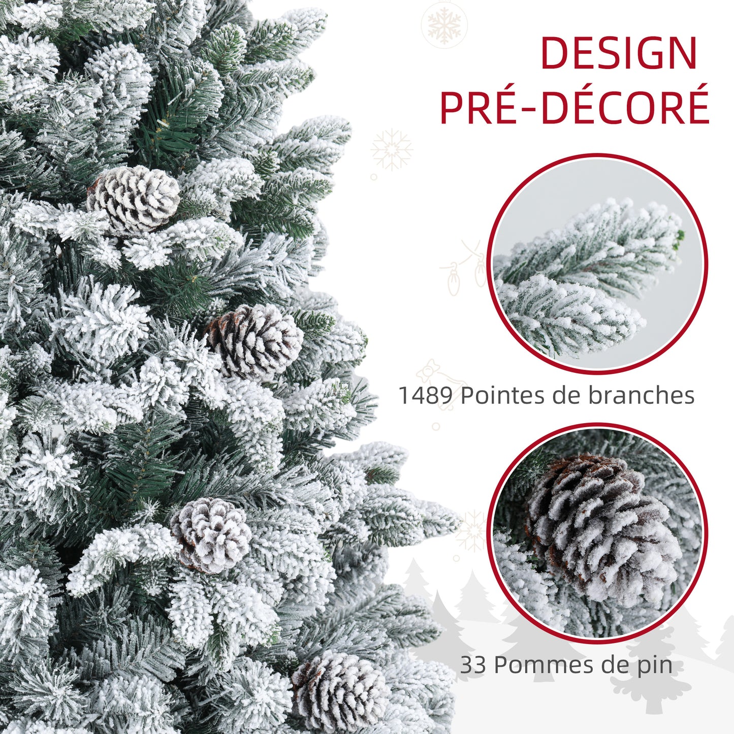 Kunstkerstboom – Kunstmatige Kerstboom – Kerstboom Met Takken – Decoratieve Kerstboom – Sneeuwkerstboom – 180 cm Hoog – 1489 Takken Met Denappeldecoratie