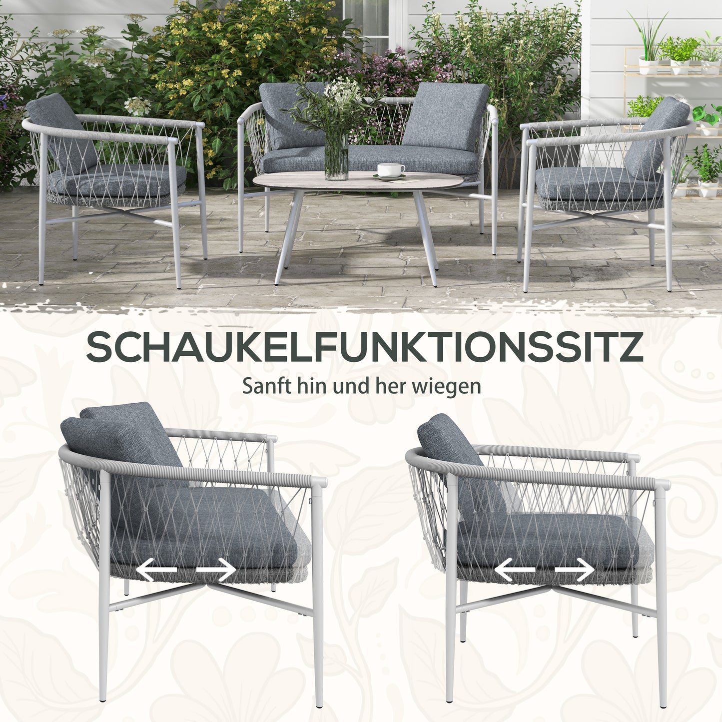 4-Delige Loungeset – Tuinmeubelset – Schommelstoel – Tuinstoelen – Loungestoelen – Grijs – Schommelfunctie – Weerbestendig Polyrattan Met Metalen Frame