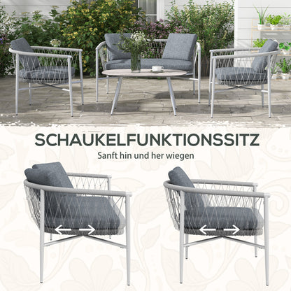 4-Delige Loungeset – Tuinmeubelset – Schommelstoel – Tuinstoelen – Loungestoelen – Grijs – Schommelfunctie – Weerbestendig Polyrattan Met Metalen Frame